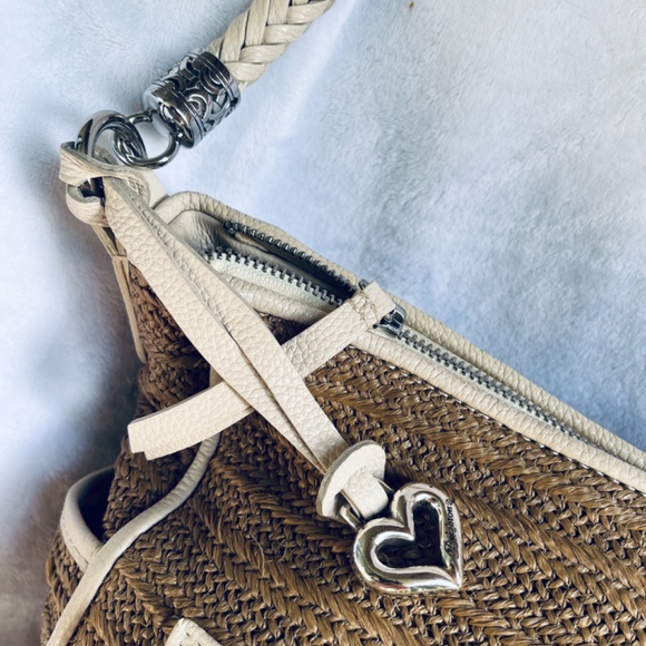 BRIGHTON Cream & Tan Raffia Wicker Genuine Leather Shoulder Bag Tote Purse - Picture 4 of 14